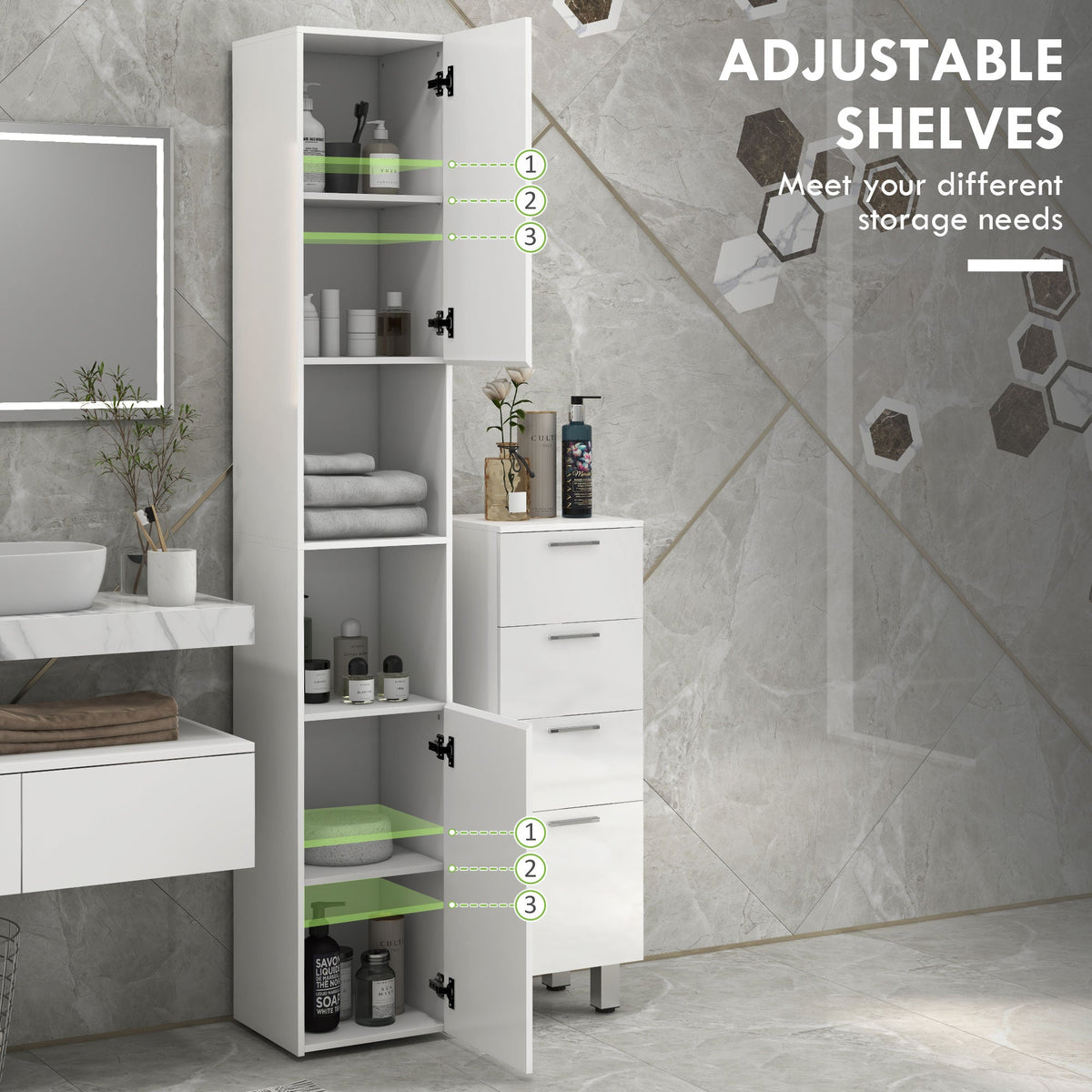 Tall Bathroom Cabinet, High Gloss Storage Cabinet with Doors and Adjustable Shelves, 11.8" x 11.8" x 71.5", Black