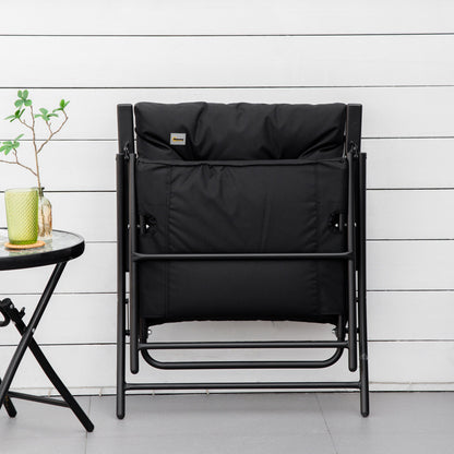 Foldable Lounge Chair, Fabric Upholstered Recliner, Outdoor Lounger with Armrest, Metal Frame for Backyard, Black