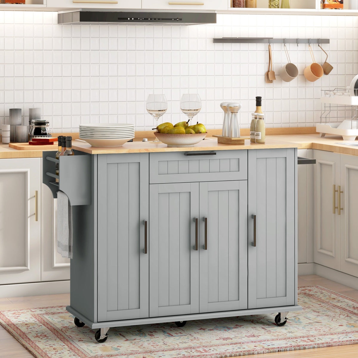 Modern Rolling Kitchen Island Cart with Drawers, Natural Wood Top, Towel Rack, Door Storage Cabinet, Black