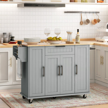 Modern Rolling Kitchen Island Cart with Drawers, Natural Wood Top, Towel Rack, Door Storage Cabinet, Black