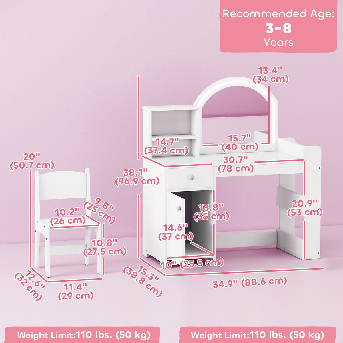 Kids Vanity Set, Toddler Dressing Table and Chair Set with Lighted Mirror, Cabinet, Drawer and Shelves, Pink