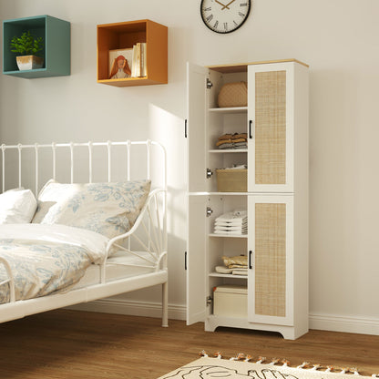 67" Tall Kitchen Pantry, Freestanding Kitchen Storage Cabinet with 4 Rattan Doors and Adjustable Shelves, Oak