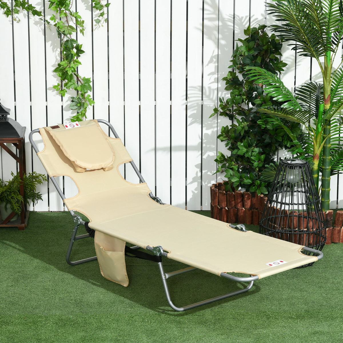Folding Outdoor Lounge Chair, 5-Level Tanning Chair with Face Hole, Side Pocket, Carry Strap for Beach Pool, Beige