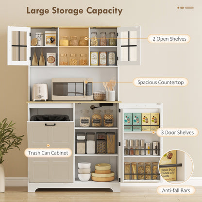 Kitchen Pantry Cabinet with Charging Station, 7 Gallon Trash Can Cabinet, Adjustable Shelves and Acrylic Doors, Black