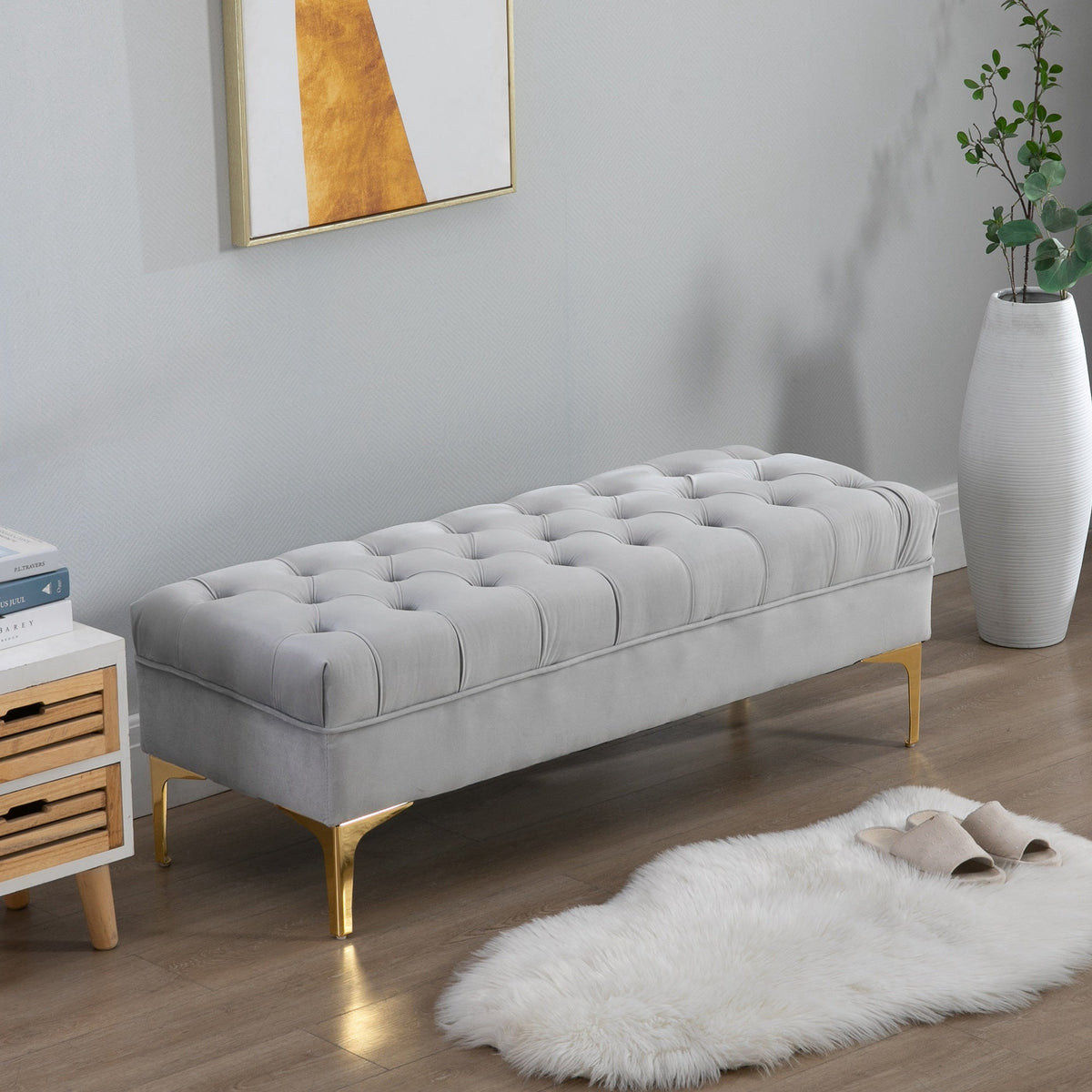 End of Bed Bench, Upholstered Bench, Entryway Shoe Bench with Button Tufted for Living Room, Bedroom, Blue