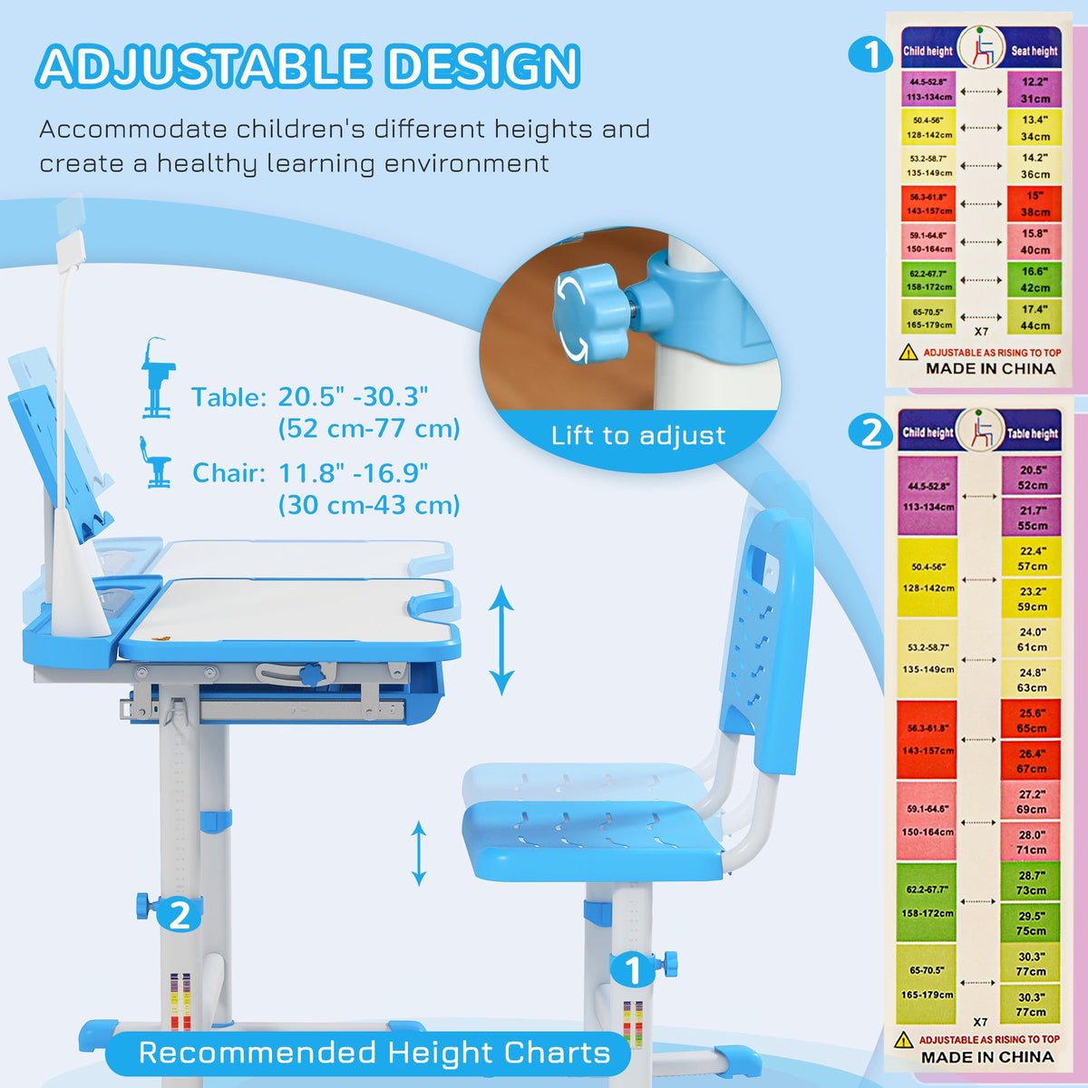 Kids Desk and Chair Set Height Adjustable Student Writing Desk Children School Study Table with Tilt Desktop, Blue