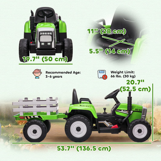 12V Kids Ride on Tractor with Trailer, Battery Powered Electric Kids Car with Remote Control, Music Start up Sound and Horn, USB, LED Lights, Green