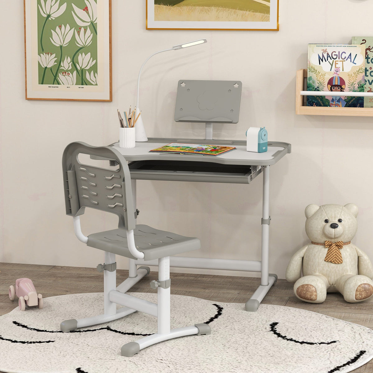 Kids Desk and Chair Set Height Adjustable Student Writing Desk Children School Study Table with Tilt Desktop, Blue