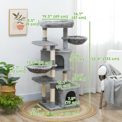 52.5" Cat Tree Tower with Scratching Posts, Cat Condos, Bed, Platforms, Hammocks, for Indoor Cats, Dark Grey