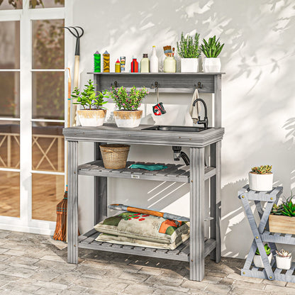 Outdoor Potting Bench Table with Faucet, Removable Sink, Hooks and Storage Shelves, Wood Work Bench Workstation, Grey