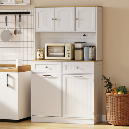 68" Pantry Cabinet with Charging Station, Storage Cabinet with Microwave Stand, 10 Gallon Trash Can Cabinet, White