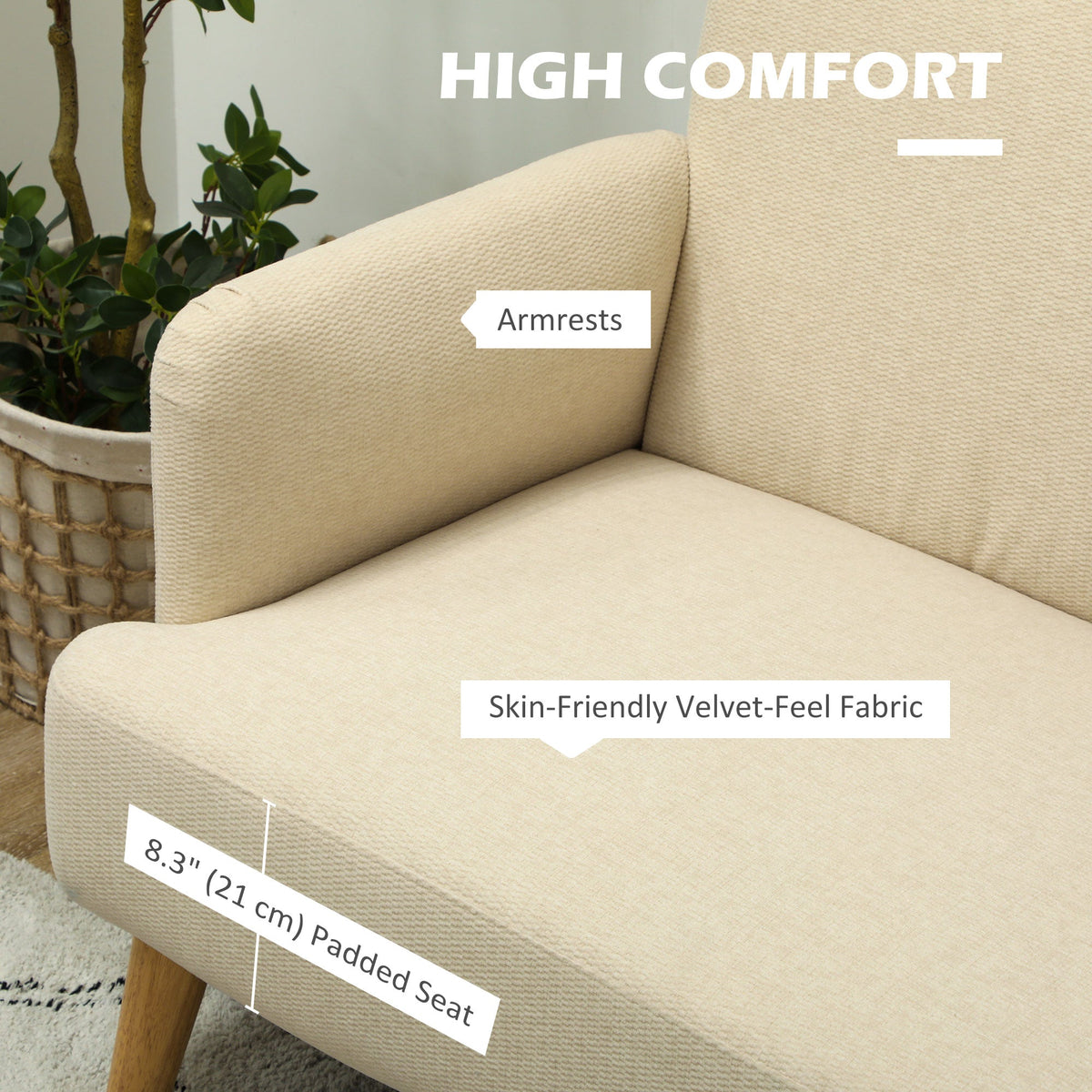 Velvet Feel Fabric 2 Seater Sofa, Small Sofa Loveseat with 8.3" Thick Padding and Wood Legs, Black