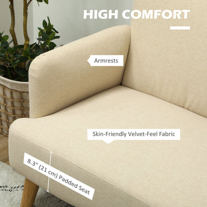 Velvet Feel Fabric 2 Seater Sofa, Small Sofa Loveseat with 8.3" Thick Padding and Wood Legs, Black