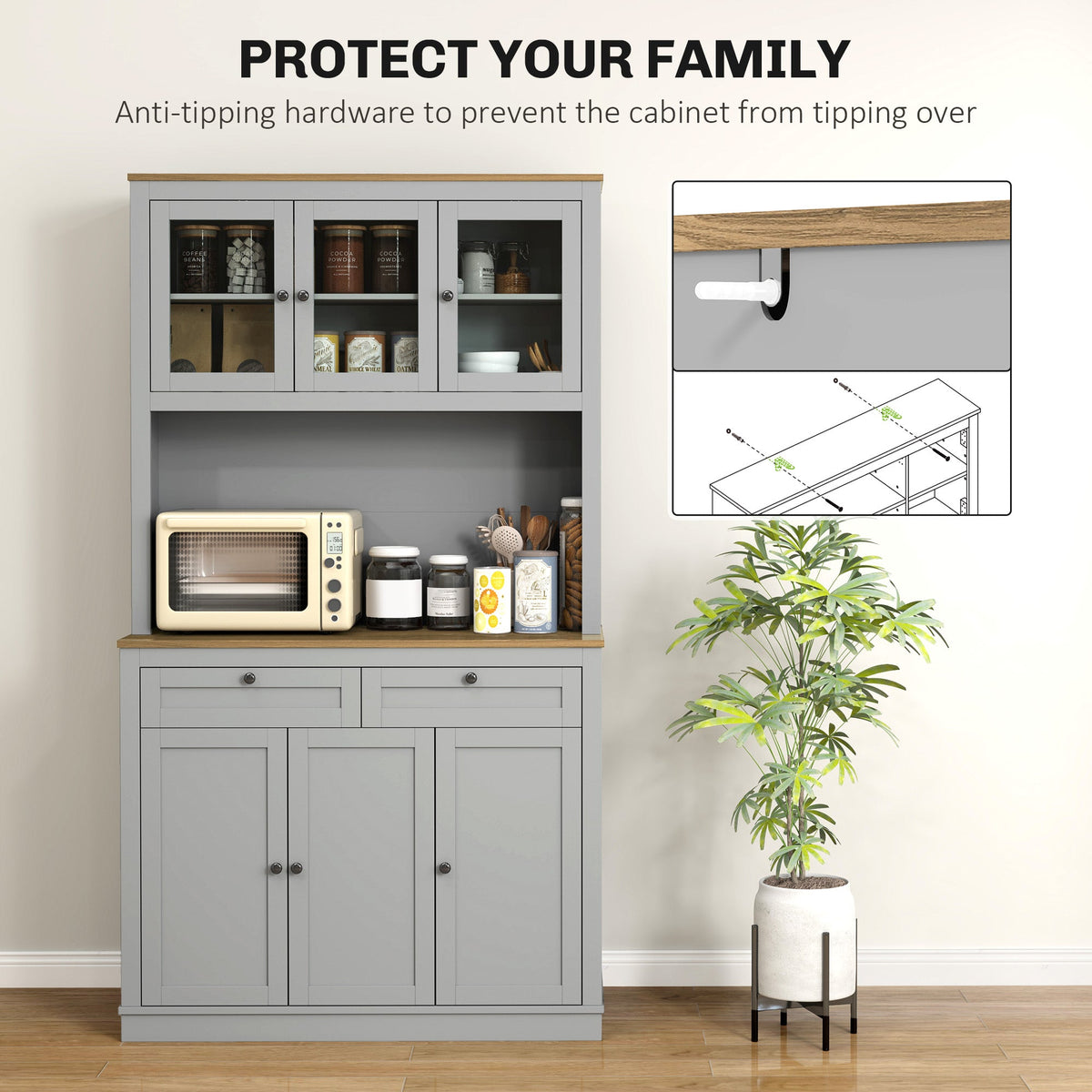 71" Pantry Cabinet with Microwave Space, Buffet with Hutch, 2 Drawers, Adjustable Shelves and Glass Doors, Blue