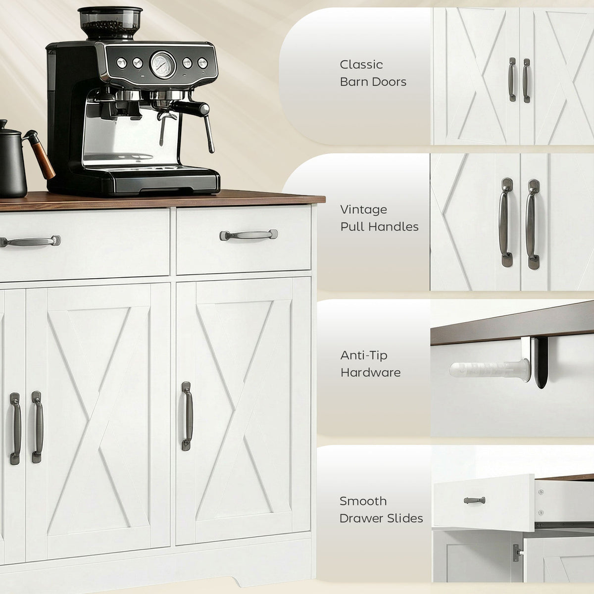 Sideboard Buffet Cabinet, 55" Farmhouse Kitchen Cabinet with 4 Barn Doors, 3 Drawers, 3 Adjustable Shelves, Black
