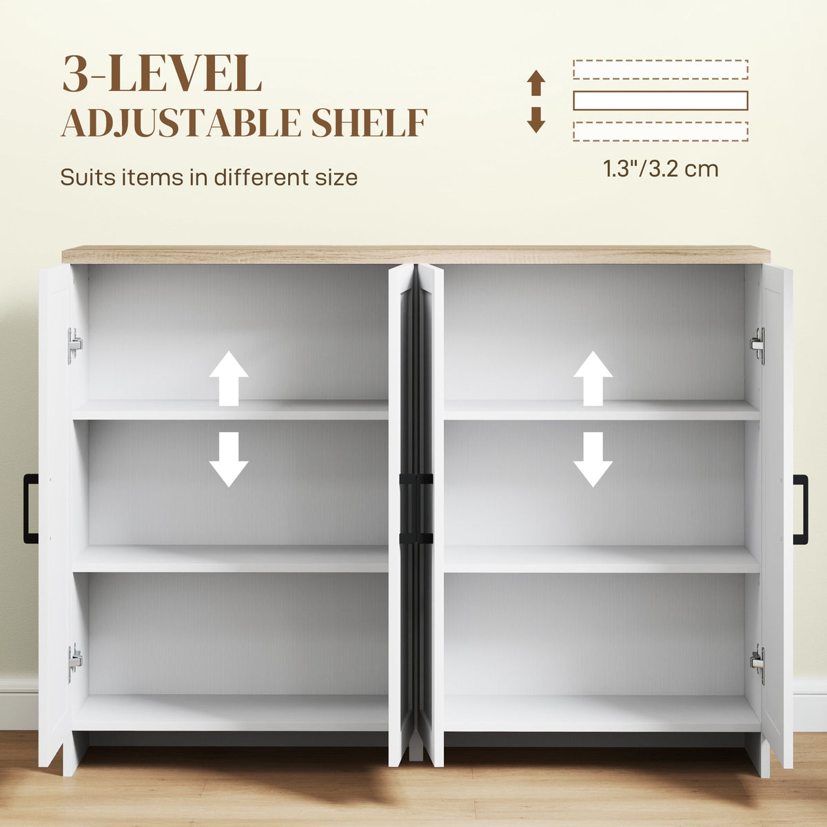 Modern Sideboard Buffet Cabinet, Modern Kitchen Storage Cabinet with 3 Doors Adjustable Shelves, for Dining Room, Black
