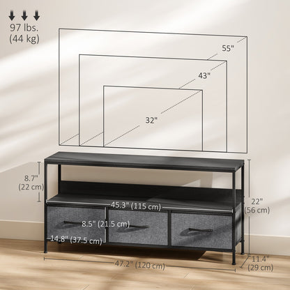 TV Stand with Charging Station, TV Table with 2 Foldable Linen Drawers and Open Shelf for 47 Inch Television, Black