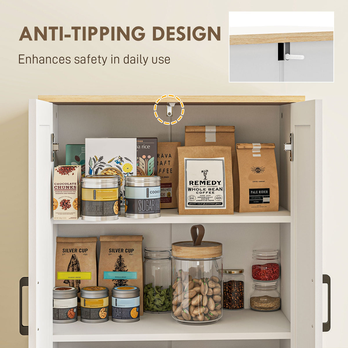 67" Tall Kitchen Pantry, Freestanding Kitchen Storage Cabinet with 4 Rattan Doors and Adjustable Shelves, Oak