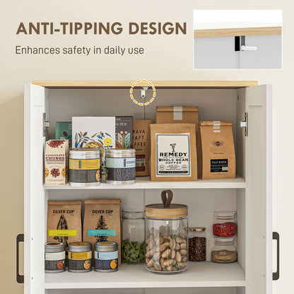 67" Tall Kitchen Pantry, Freestanding Kitchen Storage Cabinet with 4 Rattan Doors and Adjustable Shelves, Oak