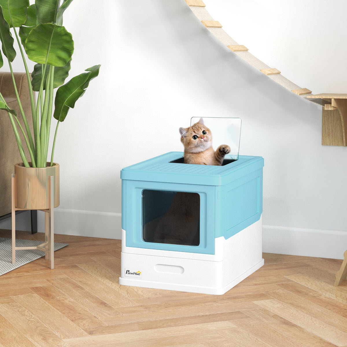 Top Entry Enclosed Kitty Litter Box with Scoop, Tray, Front Entry, Large Space, Foldable, Portable, Grey