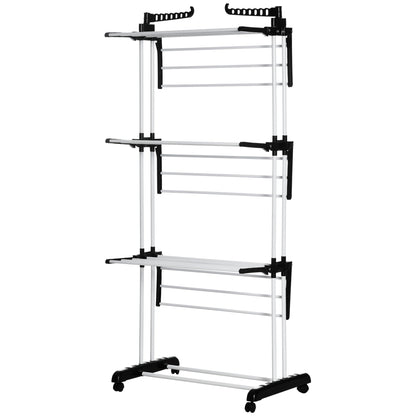 Foldable Clothes Drying Rack, 4-Tier Steel Laundry Rack for Drying Clothes with 2 Side Wings and 4 Castors, Indoor and Outdoor Use, Black