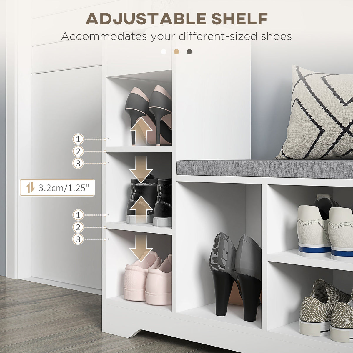 Upholstered Shoe Storage Bench w/ Seat, Entrance Bench w/ Drawer and 6 Open Shelves for Hallway, Grey