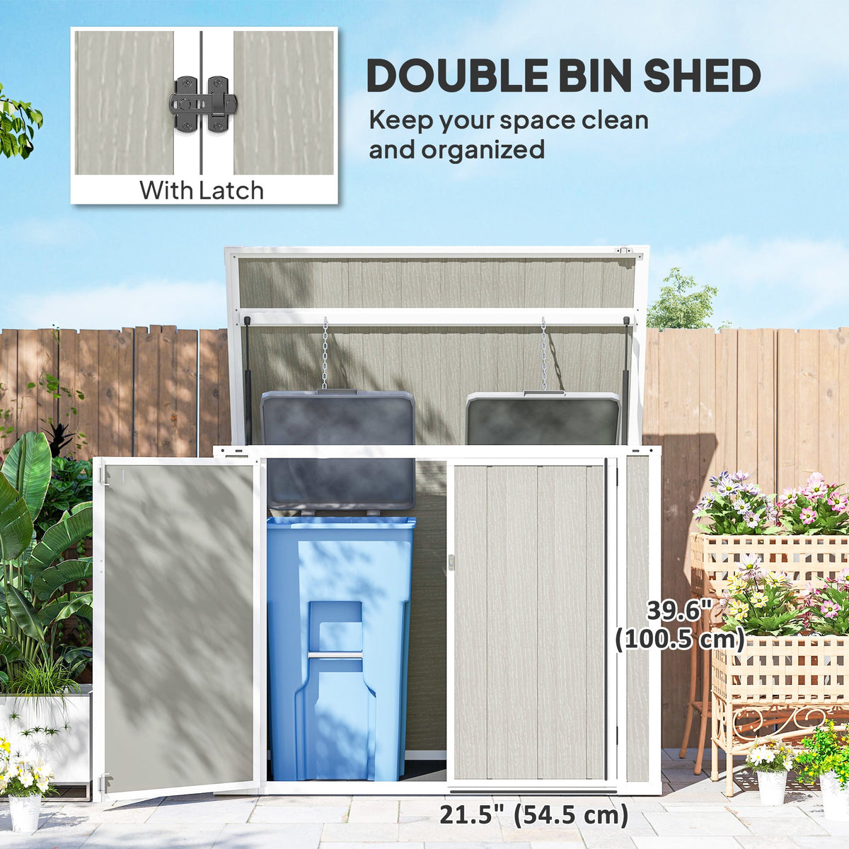 41 Cu. Ft. Outdoor Storage Shed, Outdoor Horizontal Trash Can Storage with Chain Lid, Lockable Storage Box, Grey
