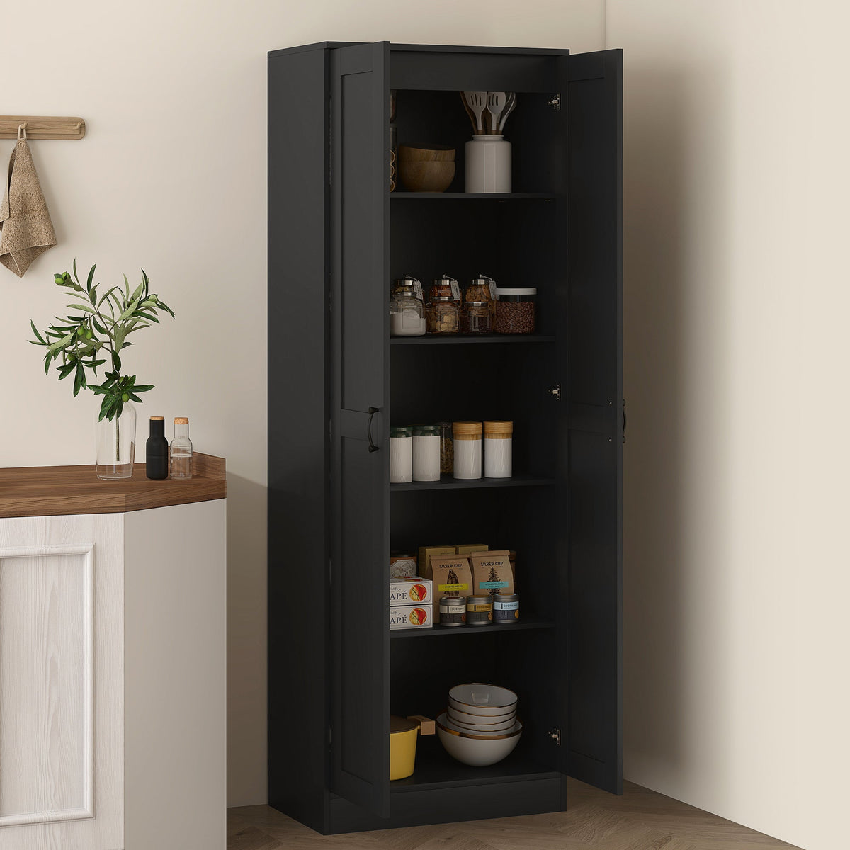 69" Tall Pantry Cabinet with Adjustable Shelves, Modern Kitchen Pantry Cabinet with Soft Close Doors, Black