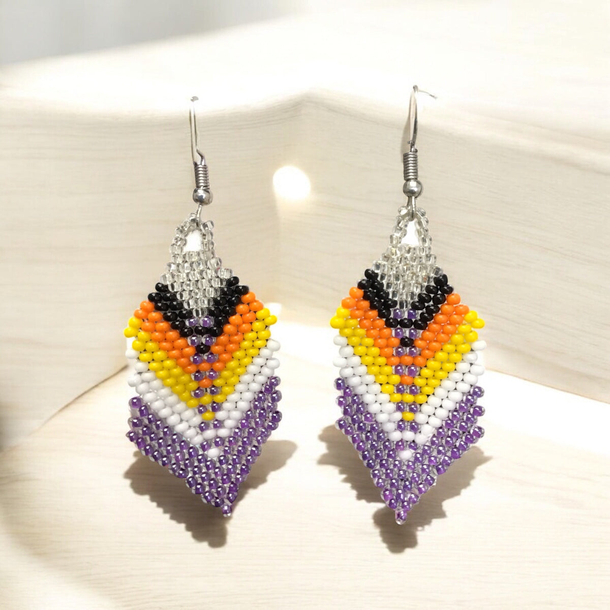 purple and silver Beaded Feather Drop Earrings