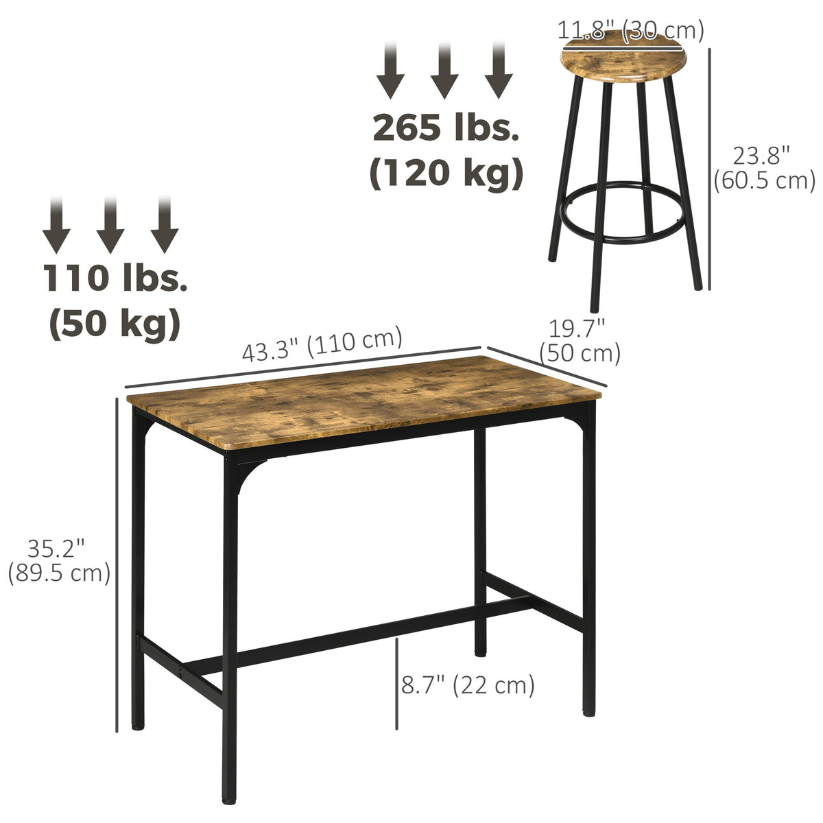 5-Piece Bar Table Set for 4, Industrial Counter Height Bar Table and Chairs for Kitchen, Dining Room, Grey