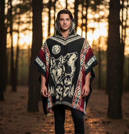 Wolf w/puppy wolf HandMade Wool Poncho
