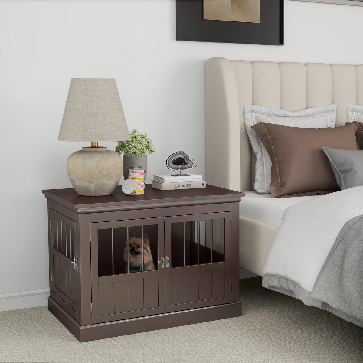 31" Dog Crate Furniture End Table with Three Doors for Small Dogs, Coffee