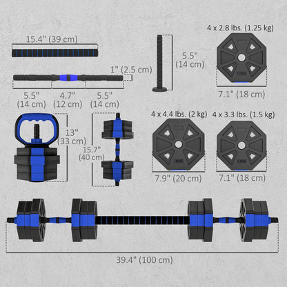 6-in-1 Adjustable Dumbbell Set, Used as Kettlebell, Barbell, Dumbbell, Push-Up Stand, 44lbs Free Weights Set, Blue