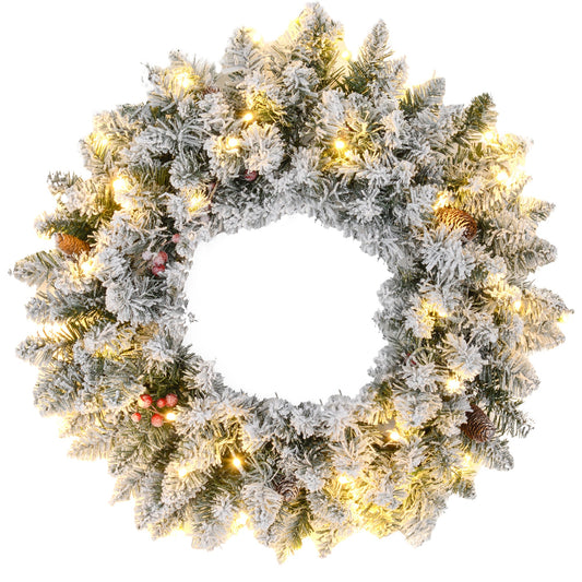 24" Christmas Front Door Wreath with Lights Flocked Christmas Wreath with Pine Cones and Berries for Windows Green