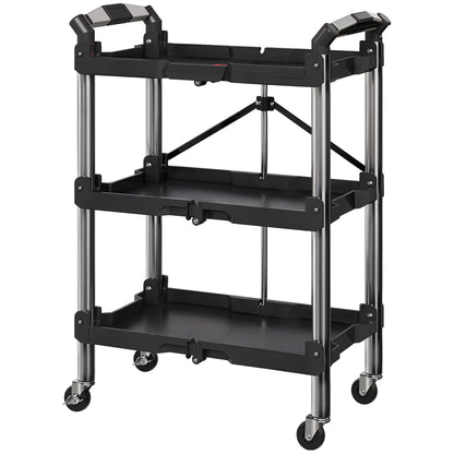 3-Tier Collapsible Tool Cart with Wheels, 150 LBS Capacity Folding Utility Cart with Handles for Garage Workshop, Black