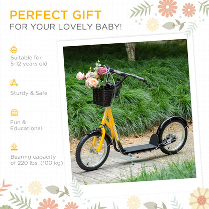 Kick Scooter with Adjustable Handlebar, Kids Scooter with 2 Brakes Basket Cupholder 16" Inflatable Rubber Tyres Orange