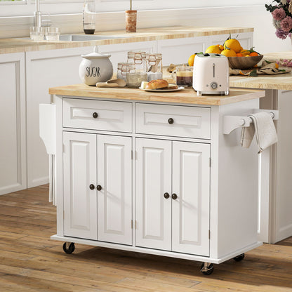 Kitchen Island with Storage, Rolling Trolley Cart with Rubber Wood Top, Spice Rack, Towel Rack, Brown Oak