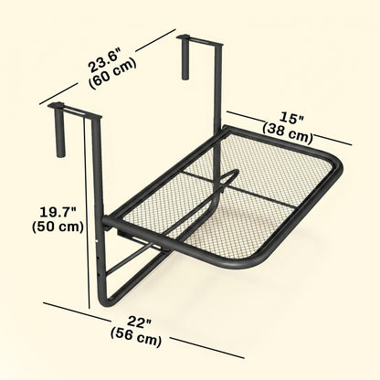 Adjustable Balcony Hanging Railing Table, Metal Mounting Mini Wall Desk Storage Rack, Outdoor Flower Stand Serving Table Rectangle, Black