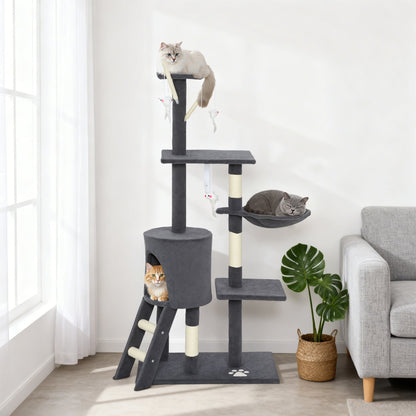 53" Cat Tree Tower, Kitten Activity Centre with Scratching Posts, Condo, Perches, Ladder, Hammock, Dangling Toys, Grey