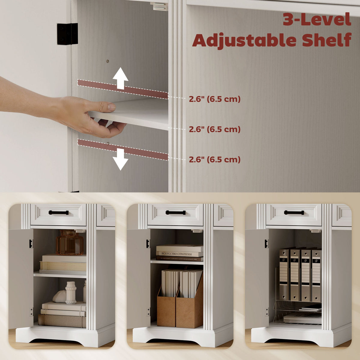 58" Home Office Desk with Soft-Close Drawers, Farmhouse Executive Desk with File Drawer for Letter Size, White