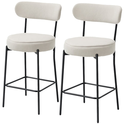 Set of 2 Barstools, Upholstered Corduroy Bar Stools with Backrest, Footrest for Kitchen Island, Dining Room, Cream White
