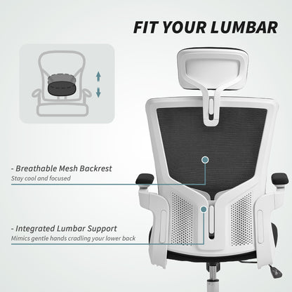 Ergonomic Office Chair, Swivel Desk Chair with Adjustable Lumbar Support, Headrest and Height, Flip-up Armrests, Beige