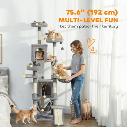 76" Large Cat Tree for Indoor Cats with 8 Scratching Posts, 3 Plush Beds, 2 Hammocks, 2 Large Condos, Ramp, Dark Grey