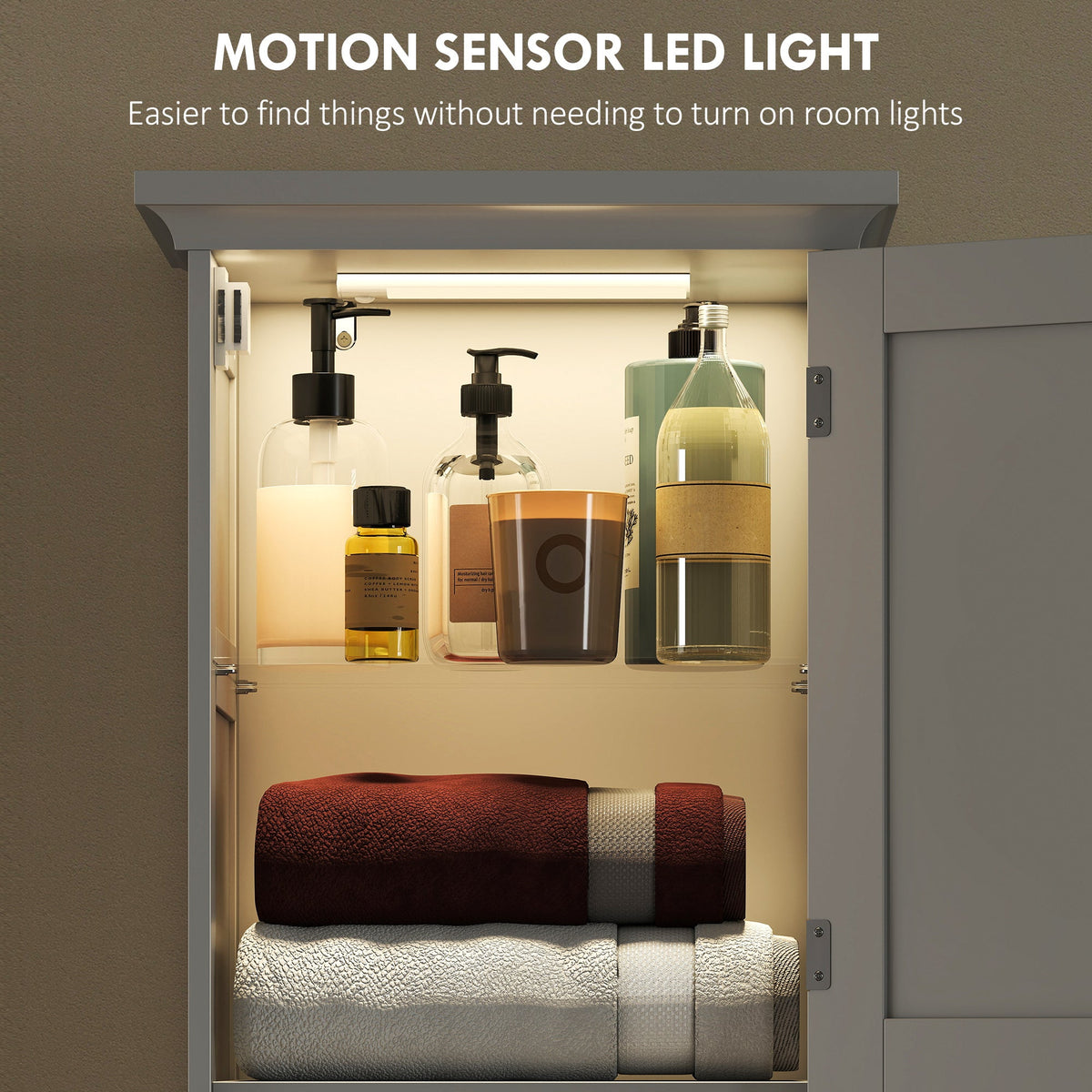 67" Tall Bathroom Storage Cabinet, Narrow Bathroom Cabinet with LED Light, Adjustable Shelf, Open Compartment, Drawer