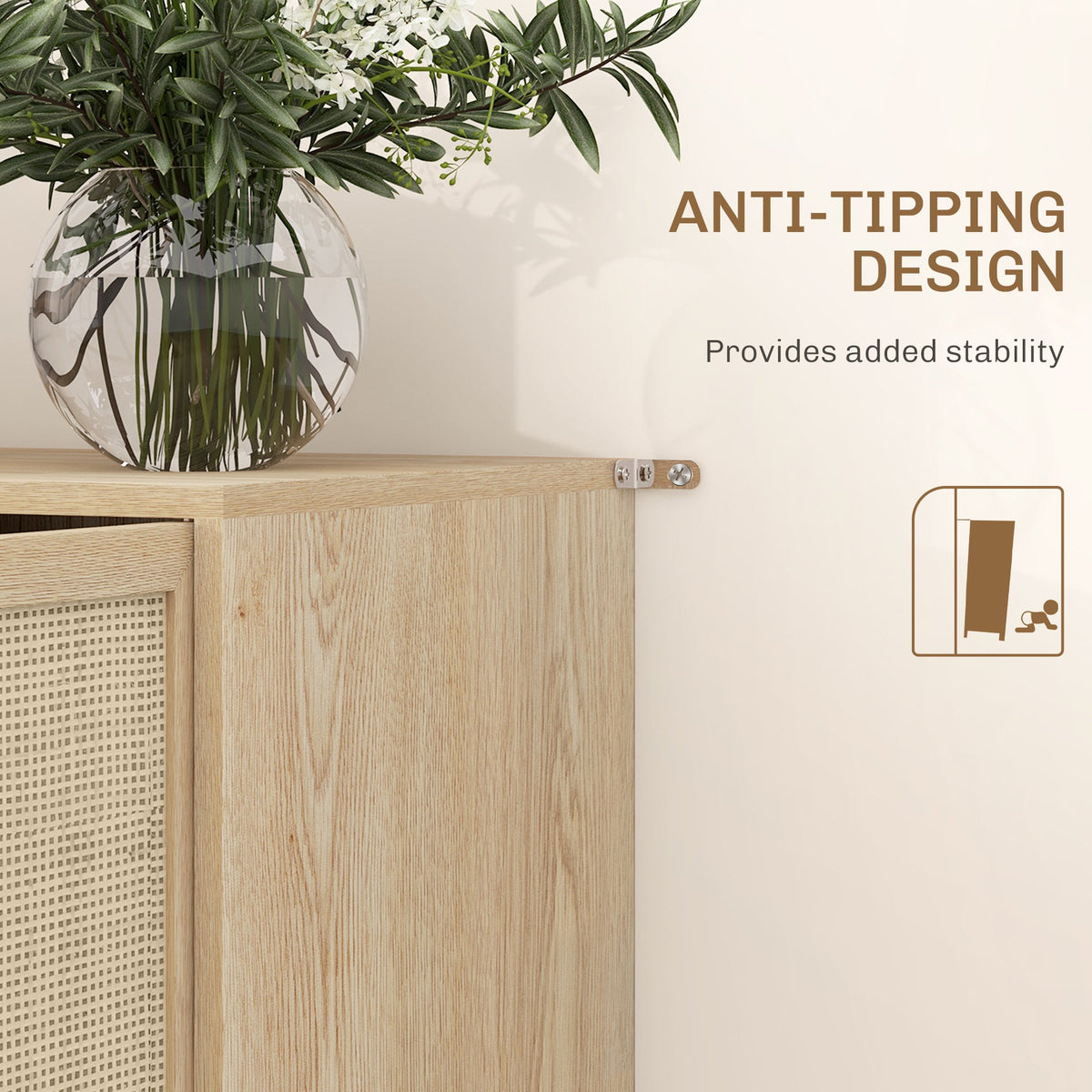 Kitchen Sideboard Cabinet, Boho Storage Cabinet with Shelves, Wood Legs, Decorative Rattan Doors, Black
