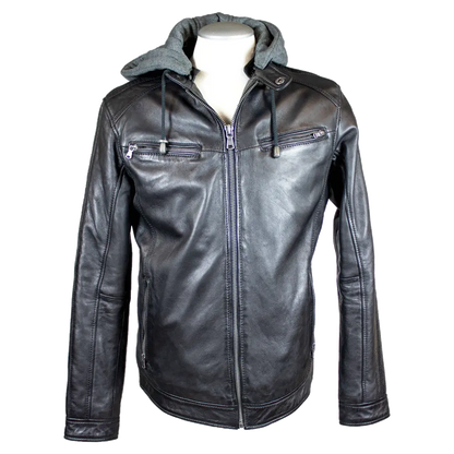 BOL Men's Hooded Snap Collar Leather Jacket