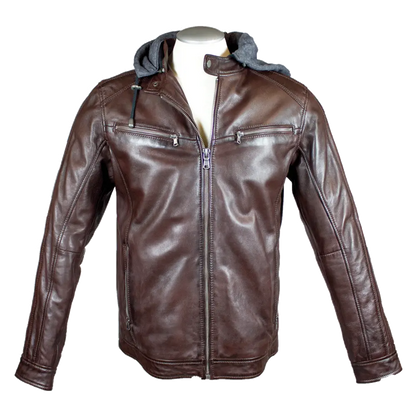 BOL Men's Hooded Snap Collar Leather Jacket
