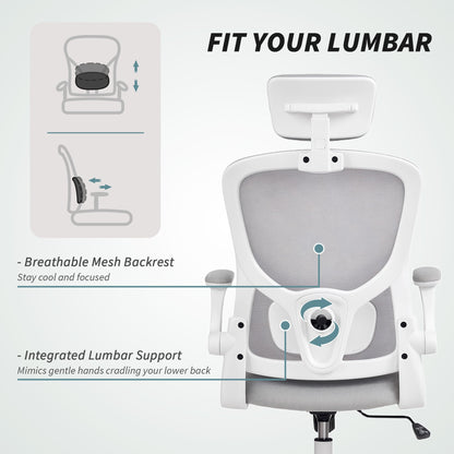 Ergonomic Office Chair, Mesh Desk Chair with Adjustable Headrest, Lumbar Support and Height, Flip-Up Armrests, Black