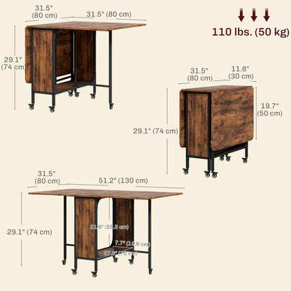 Folding Dining Table, Extendable Kitchen Table for Small Spaces with Storage Shelf and 6 Wheels, Distressed Grey