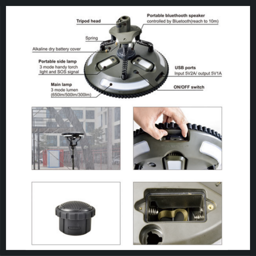 TRU De-LIGHT Singing Music Solar LED Light - Strong BT Speaker/Main Light+3 Detachable Multi Mode Lights/Tripod+Carry Bag